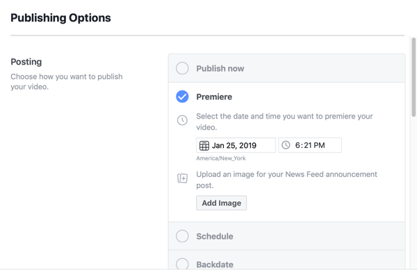 Kuidas seadistada Facebook Premiere, 5. samm, avaldamise ajastamise seaded