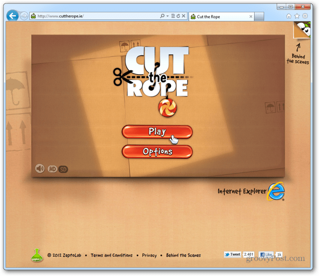 Esitage rakenduses IE 9 HTML5 veebiversiooni Cut the Rope