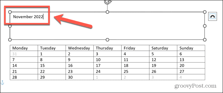 Exceli kalendri pealkiri