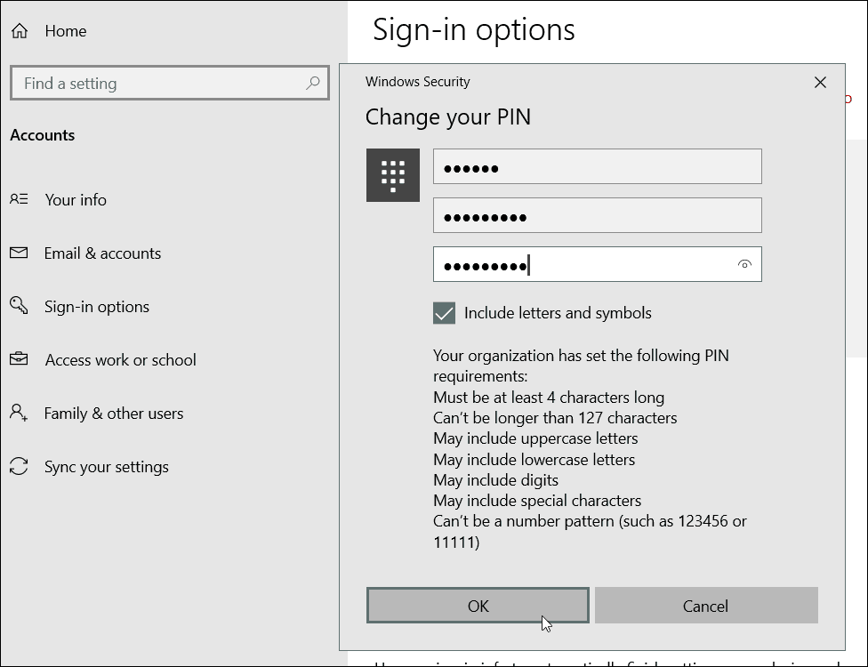 Spetsiaalse tähemärgi PIN-i nõuded Windows 10