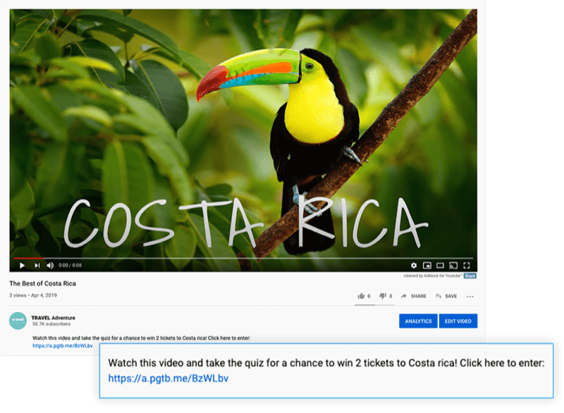 esiletõstetud youtube'i video kirjeldus koos pakkumisega videot vaadata ja viktoriinil osaleda, et võita 2 piletit Costa Ricasse