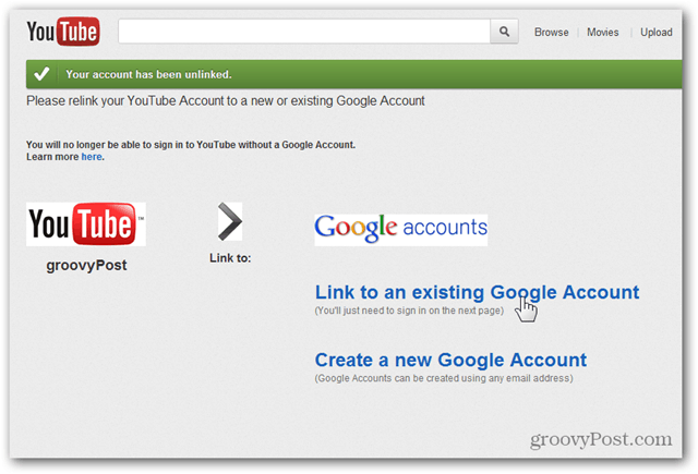 YouTube'i konto linkimine uue Google'i kontoga - klõpsake linki Olemasoleva konto link