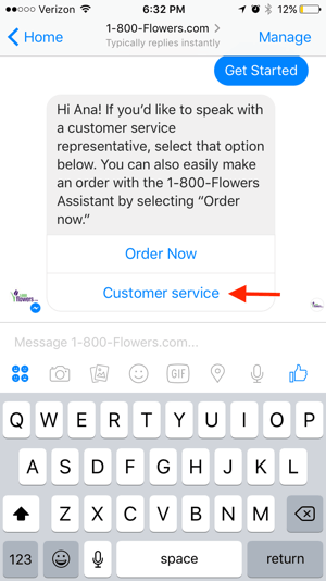 1-800-Flowers annab klientidele võimaluse võtta ühendust otseagendiga, kes saab pakkuda isikupärastatud abi.