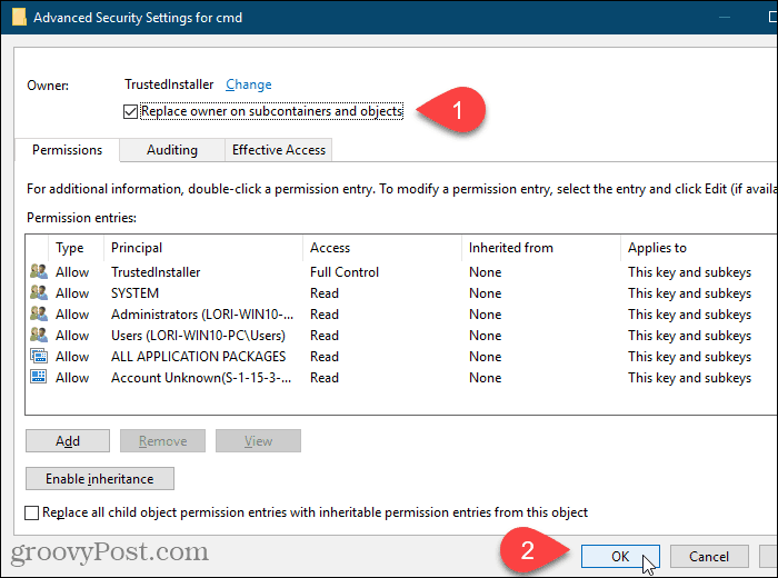 Märkige Windowsi registriredaktori dialoogiboksis Täpsemad turbesätted märkeruut Asenda alamkonteineritel ja objektidel
