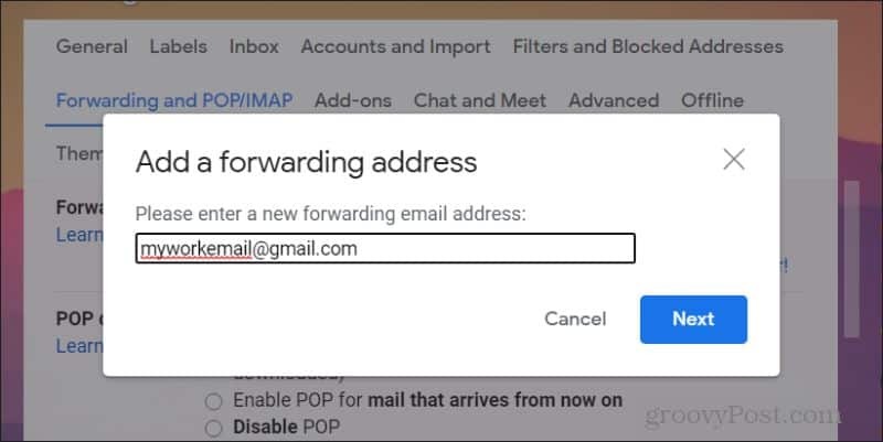 e-posti aadressi lisamise ekraanipilt