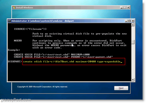 Windows 7 Native VHD-i install Dual Boot Create VHD CMD Prompt-ist
