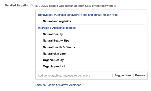 facebooki reklaami üksikasjalike sihtimisvalikute näide