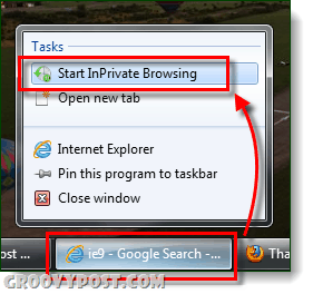 ie9 privaatsena sirvimine tegumiribal Windows 7