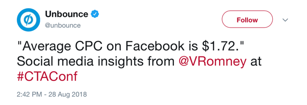 Tühistage säuts alates 28. augustist 2018, märkides, et keskmine CPC Facebookis on 1,72 dollarit @VRomney kohta # CTAConfis.