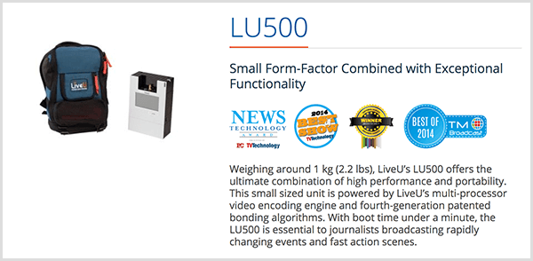 Luria Petrucci kasutab LU500 seljakotti, et voogesitada otseülekande videoid Twitchis. LiveU müügileht ütleb, et sellel voogesitusseadmel on väike vormitegur koos erakordse funktsionaalsusega. Selle kirjelduse all ilmuvad mitmed tooteauhinnad.