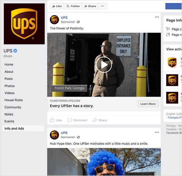 Kui vaatate UPSi Facebooki reklaame, on selge, et nad kasutavad bränditeadlikkuse suurendamiseks jutuvestmist ja emotsionaalset atraktiivsust.