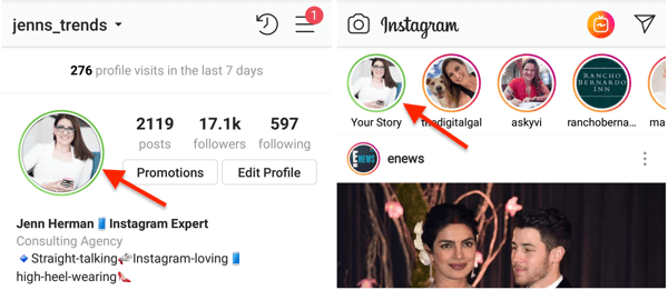 Rohelise ringi näitaja teie Instagrami profiilipildi jaoks, kui olete lugu oma lähedaste sõprade loendis jaganud.