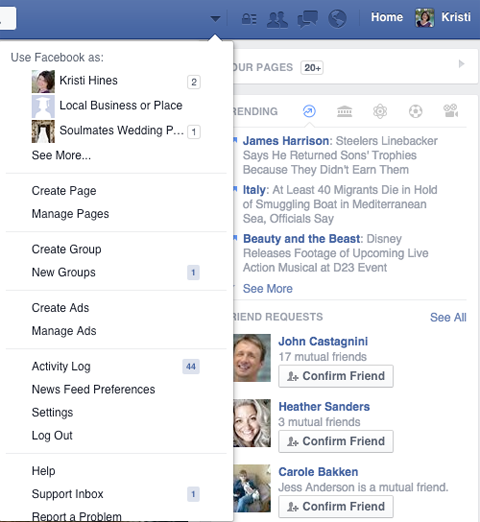 facebooki lehtede haldamise menüü nool