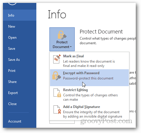 Paroolikaitse ja Office 2013 dokumentide krüptimine: klõpsake valikul Krüpti parooliga