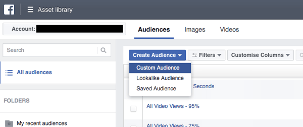 Klõpsake Facebooki reklaamihalduris valikul Loo vaatajaskond ja valige rippmenüüst Kohandatud vaatajaskond.