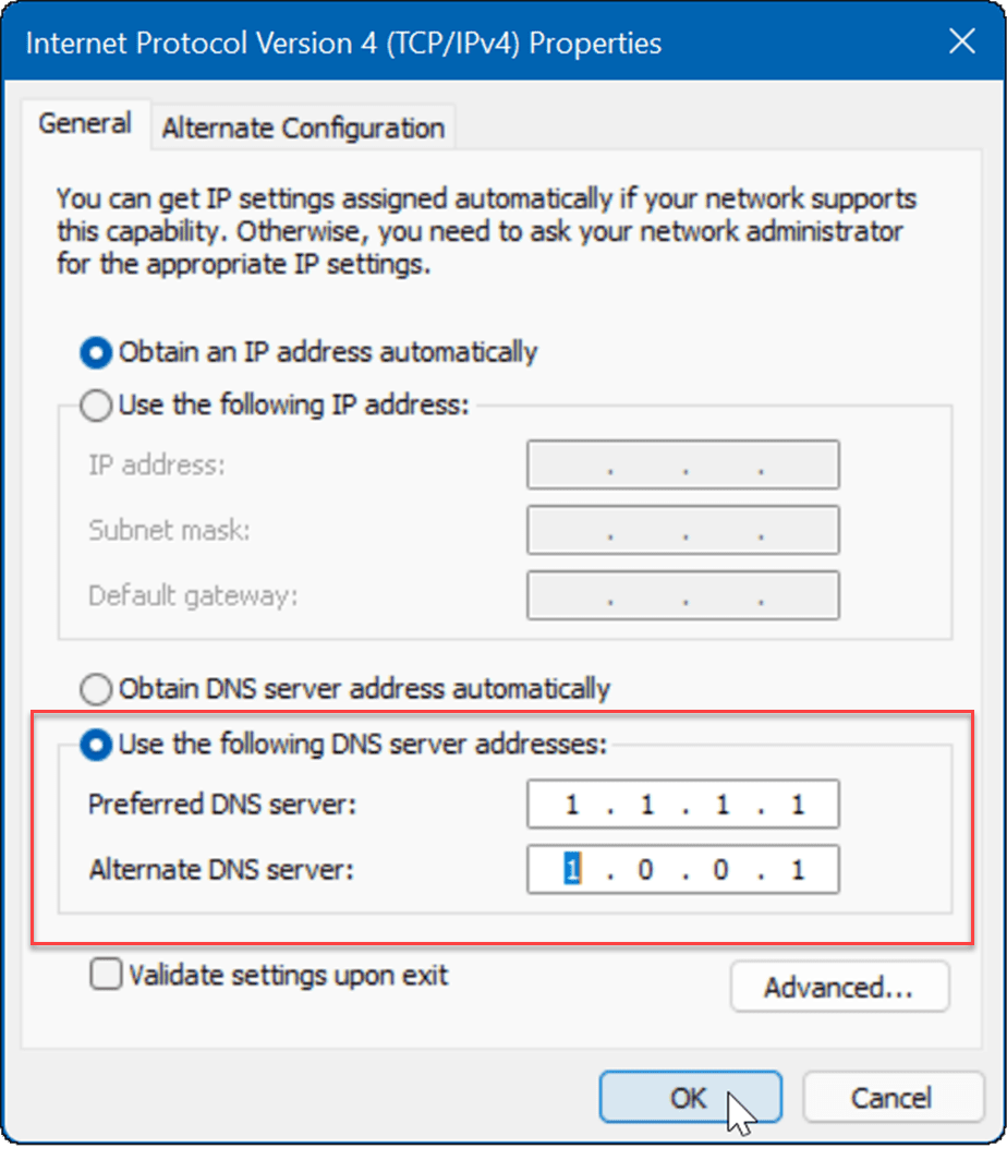 sisestage Windows 11-s DNS fix aeglane internet