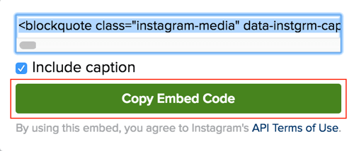 Instagrami postituse manustamiskoodi kopeerimiseks klõpsake rohelist nuppu.