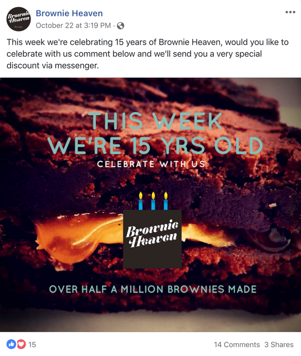 Näide Facebooki postitusest Brownie Heaveni pakkumisega.
