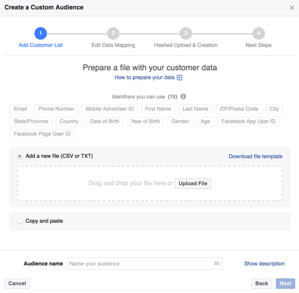Oma Facebooki kohandatud vaatajaskonna loomiseks laadige üles .csv või .txt kliendifail.