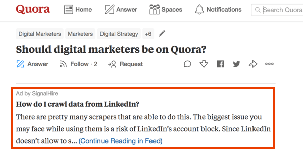 Näide Quoras tasulise reklaamiga turundamisest.