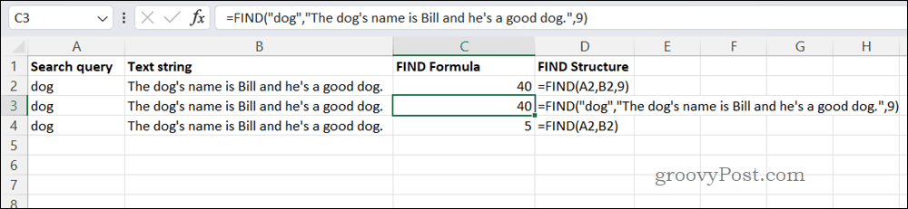 Näide FIND valem Excelis