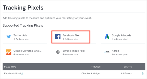 Klõpsake Eventbrite'is nuppu Facebook Pixel ja sisestage oma piksli ID ja muud üksikasjad.