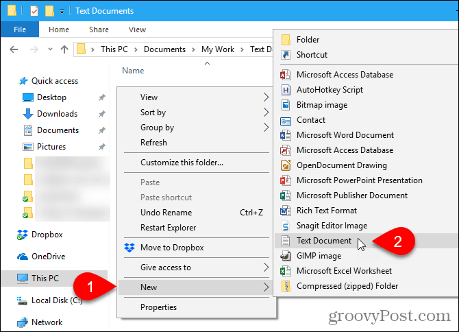 Avage Windows File Exploreris uus> tekstidokument