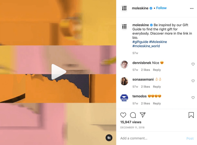 näide instagrammi kingiidee videopostitusest aadressilt @moleskine koos üleskutsega, mis suunab vaatajaid lisateabe saamiseks linki