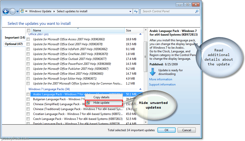 Windows 7 - Windows Update'i saadaolevate värskenduste ruutude ekraanipilt