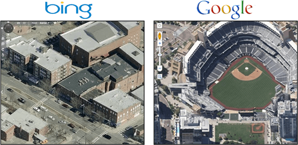 Google Maps üleval 45-kraadise vaatega Vs. Bing linnusilm