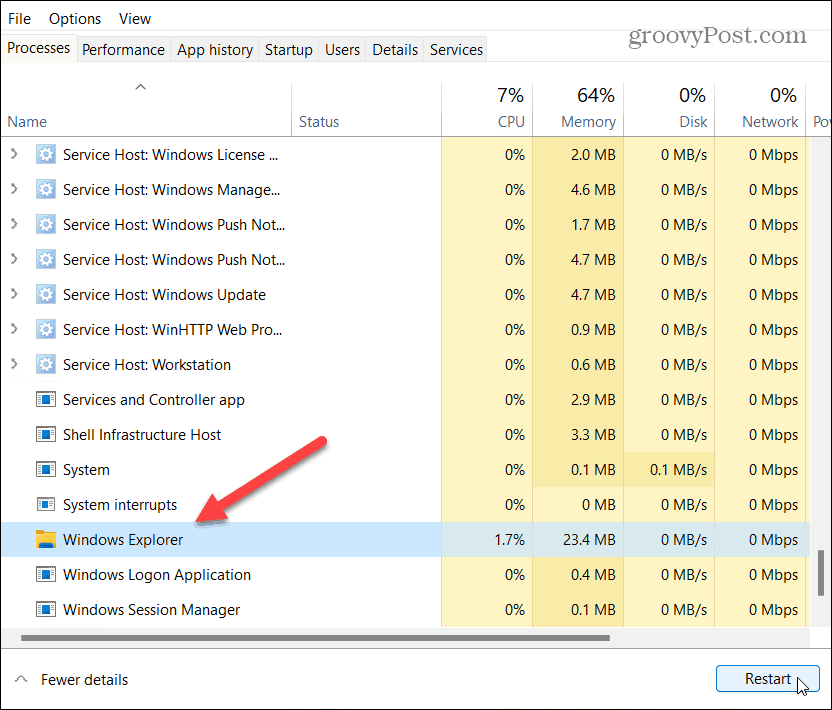 taaskäivitage Windows Exploreri tegumihaldur