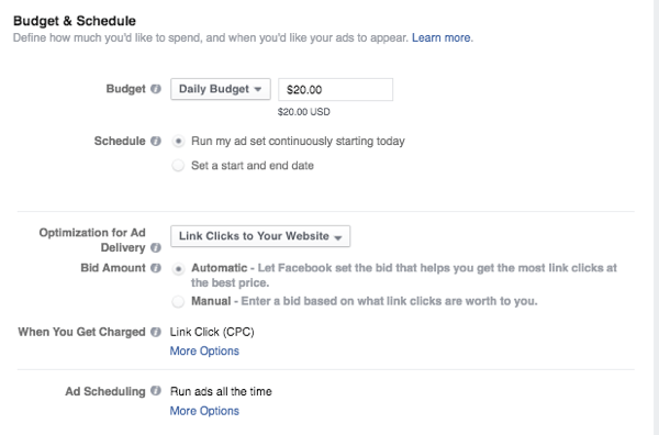 facebooki reklaamide eelarve ja ajakava