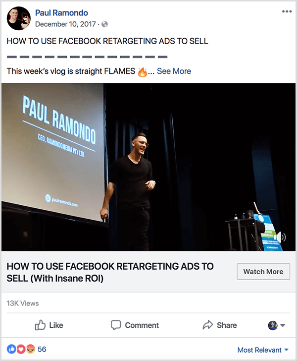 Facebooki postitatud Paul Ramondo vlogil on tekst Kuidas müüa kasutada Facebooki sihtreklaame. Selle pealkirja all on tekst Selle nädala Vlog on sirged leegid, millele järgneb tulekahju emotikon. Videol on näha, kuidas Paulus räägib laval suure projektoriekraani ees, kus kuvatakse tema nimi ja ettevõtte teave.