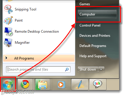 Windows 7 minu arvuti menüü ja kuvab menüü Start orb