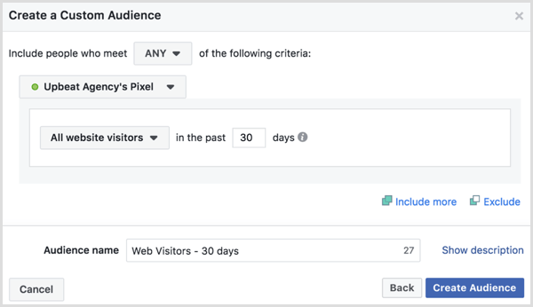 Valige suvandid, et luua Facebooki kohandatud vaatajaskond kõigi veebisaidi külastajate jaoks viimase 30 päeva jooksul