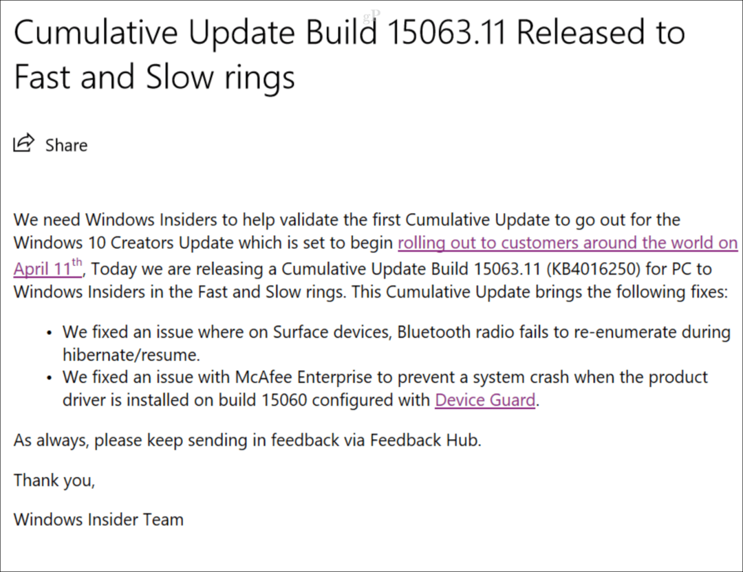 Välja antud esimene Windows 10 loojate värskenduste kumulatiivne värskendus