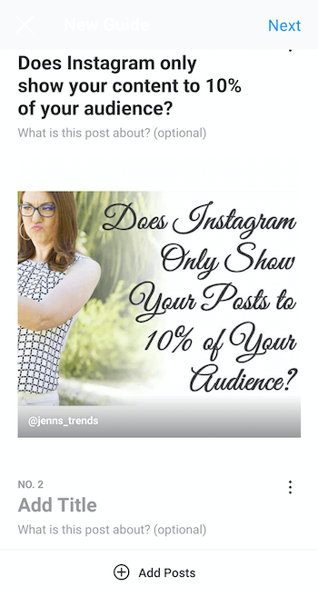 näide looge uus instagrami juhend koos valitud postituse ja pealkirjaga "kas instagram näitab ainult teie sisu 10% -le teie vaatajaskonnast ", samuti juhendi kirjelduse lisamise võimalused ja muud postitused