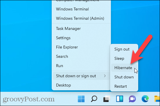 Talveunerežiimi valik on saadaval Windows 11 menüüs Windows + X