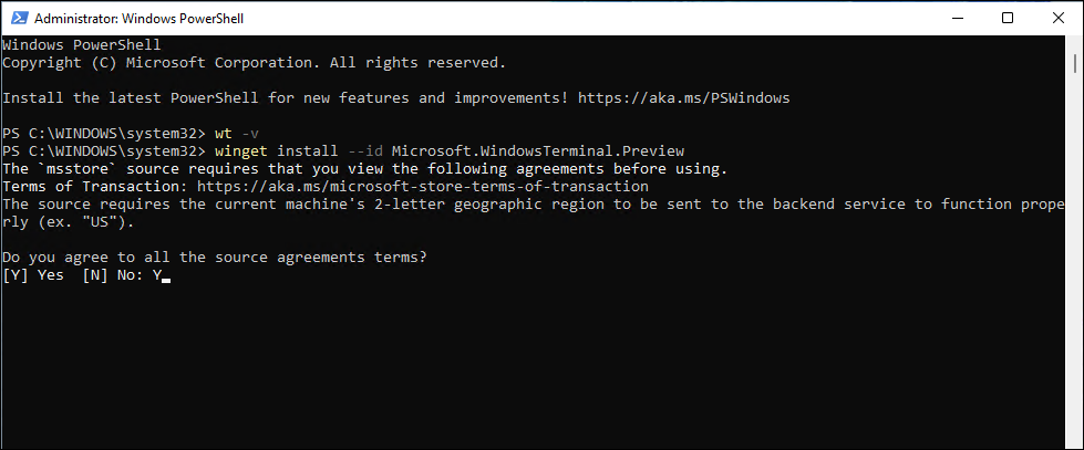 cmd hankige Windowsi terminali uusim versioon