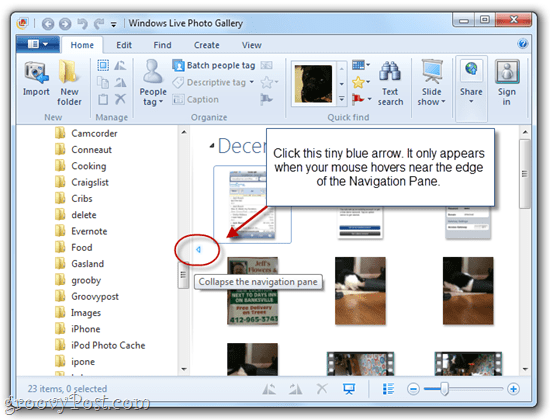 Navigeerimispaanide kuvamine / peitmine Windows Live'i fotogaleriis 