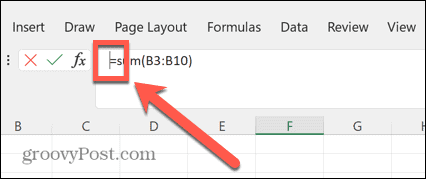 Exceli valemiriba kursor võrdsetest vasakul