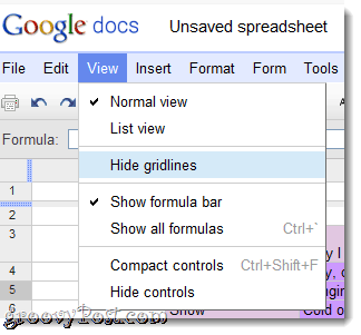 Peida ruudustik google docs menüüs