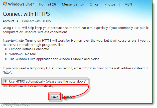 Kuidas alati turvaliselt ühenduse luua Windows Live'i ja Hotmailiga HTTPS-i kaudu
