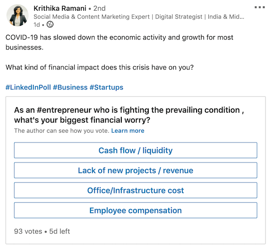 näide LinkedIni küsitlusest, et paljastada tippvalupunkt