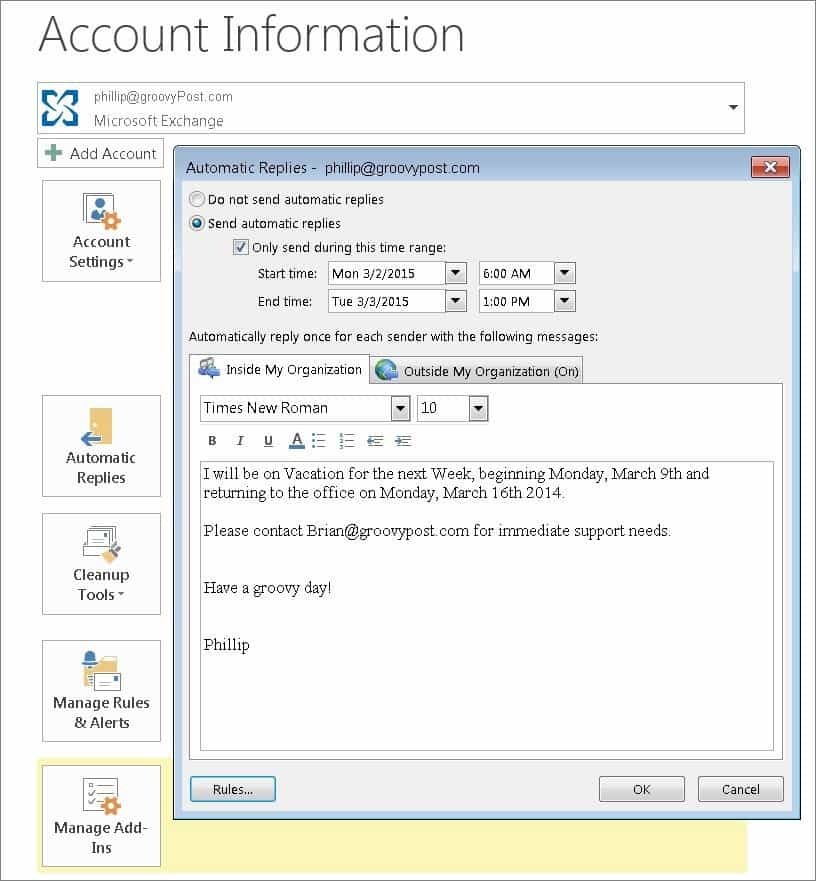Automaatsete vastuste lubamine Office'i abilisega Outlook 2010 ja 2013