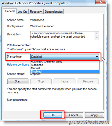 Keelake Windows Defenderi teenus Windows Server 2008 või Vista puhul: groovyPost.com