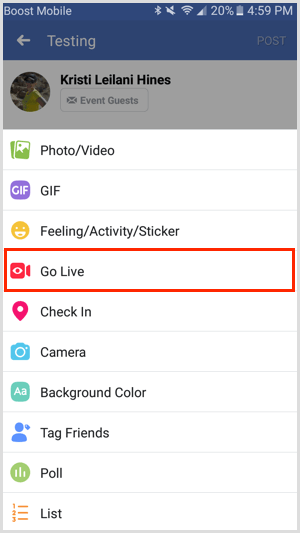Go Live võimalus Facebooki sündmuse jaoks Facebooki mobiilirakenduse kaudu