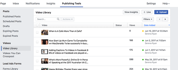 Teie Facebooki videoteegis on kõik teie avaldatud ja avaldamata videod. Kollase punktiga videod on avaldamata ja rohelise punktiga videod avaldatakse.