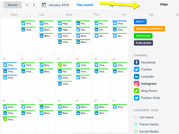 Kuidas korraldada sotsiaalmeedia turunduse ülesandeid, ContentCali kalendri ülevaade filtritega
