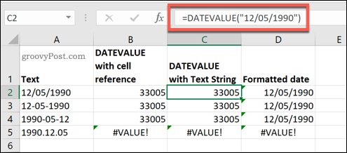 Microsoft Excelis kasutatav funktsioon DATEVALUE